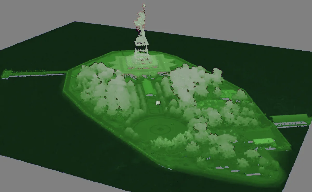 Nube de puntos LiDAR de la isla de la Libertad coloreada por elevación